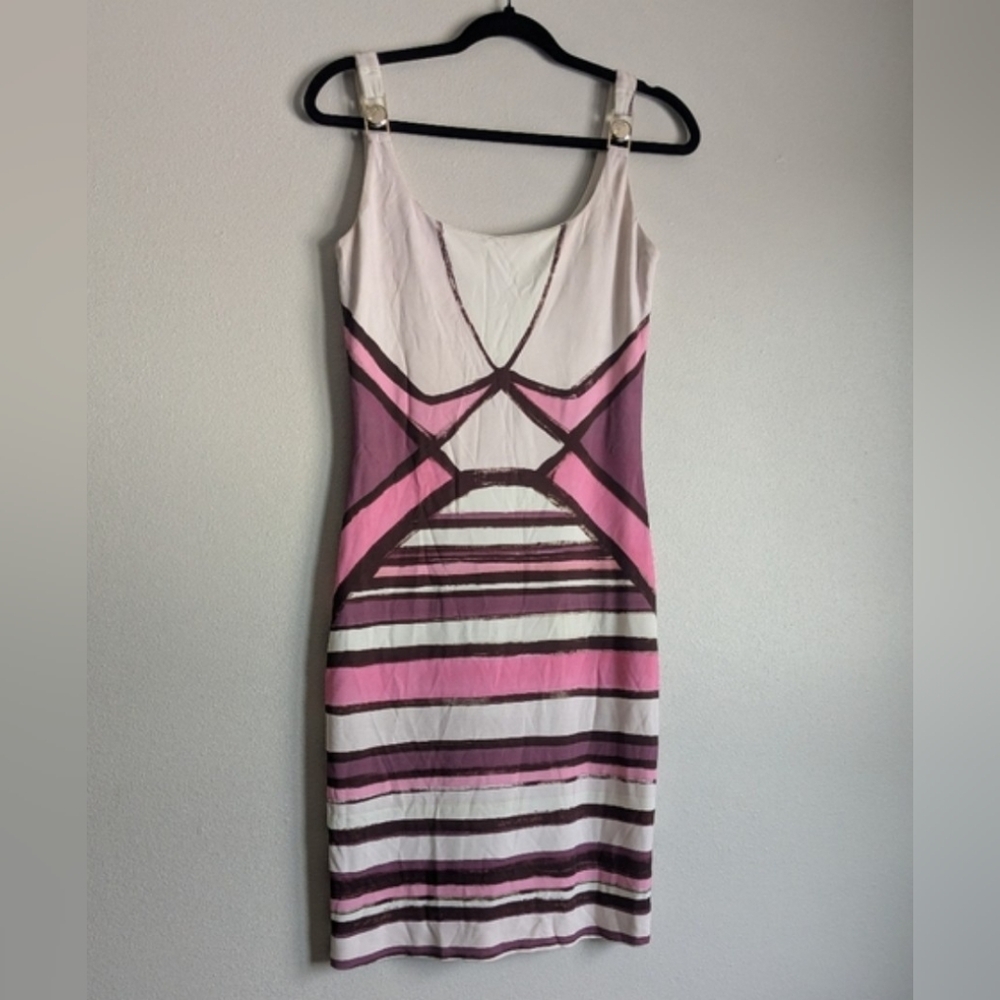 Versace Collection Pink and White Geometric Fitted Midi Dress Size 8